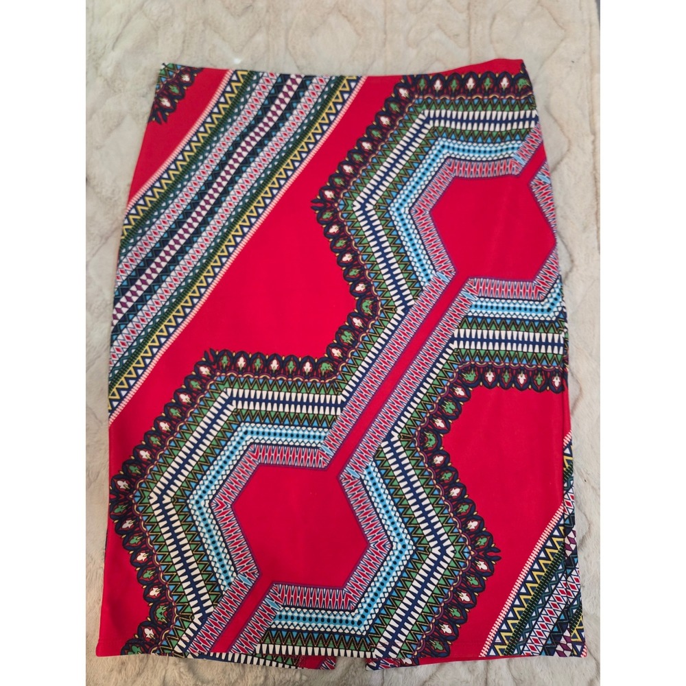 NYCC New York Clothing Co Red Geometric Dashiki Print Pencil Skirt Large Y2K